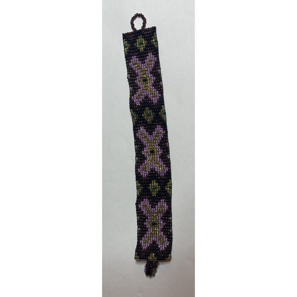 Beaded Loom Bracelet Geometric Design 7.5 in x 1 in Purple Gold Turquoise
